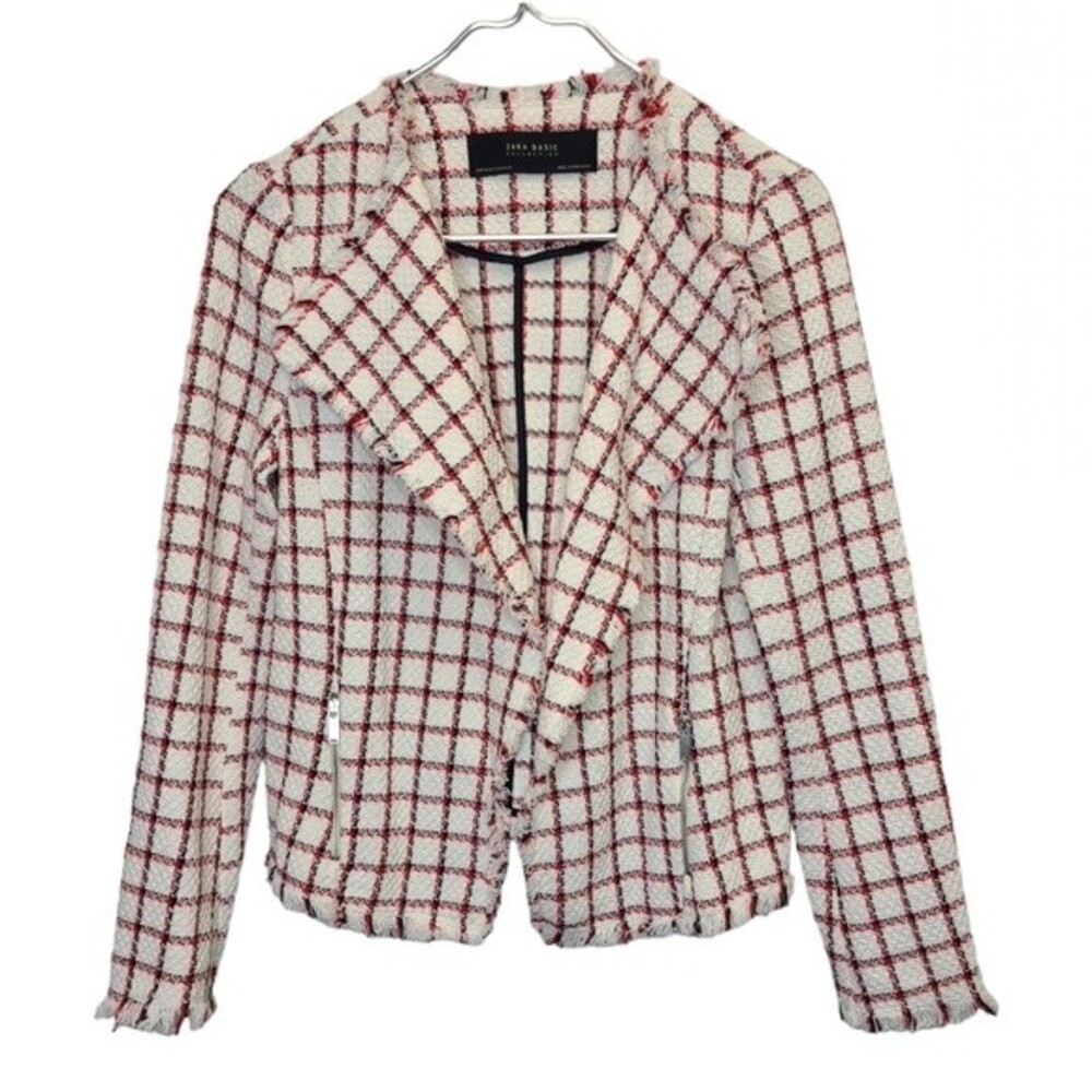 Zara Basic Collection Frayed Tweed Plaid Blazer XS